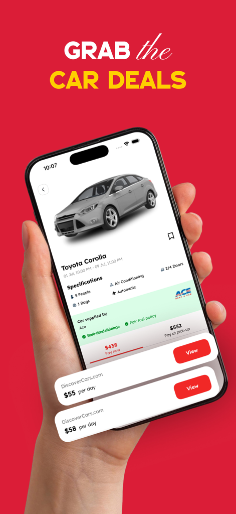 Tela de aplicativo móvel mostrando uma oferta de aluguel de Toyota Corolla com preços e recursos do carro.