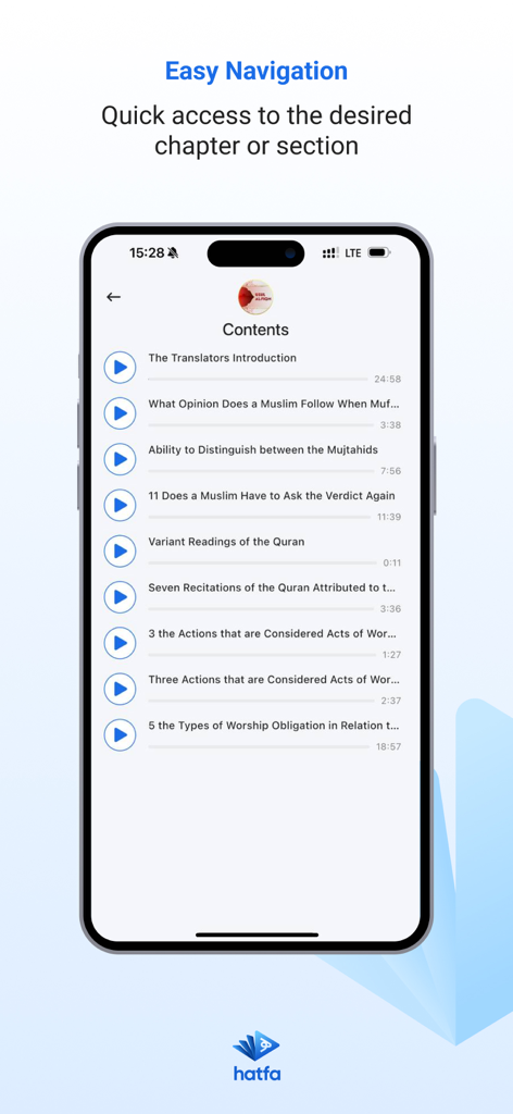 Hatfa - Islamic audiobooks - Hatfa 이슬람 오디오북 앱의 인터페이스로, 쉬운 탐색을 위해 챕터 목록을 보여줍니다.