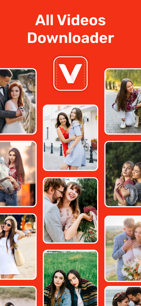 Ytd Video Downloader - Ytd Video Downloader app screen with All Videos Downloader heading and a grid of social media style photos