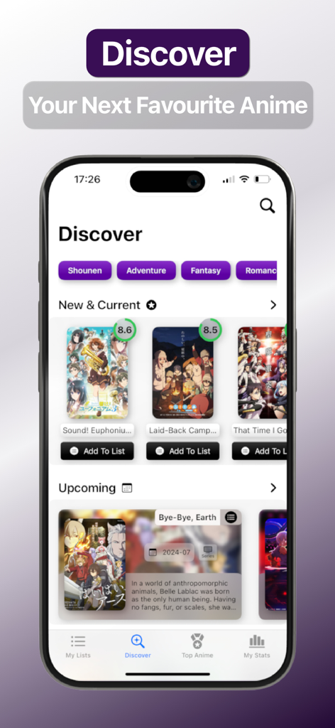Anime Tracker: Anime List - Screenshot of the Otracku app showing a list of trending and upcoming anime for discovery