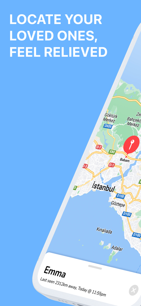Mobile App-Oberfläche von Phone Location Tracker, die eine Karte für Familiensicherheit und Standortüberwachung anzeigt