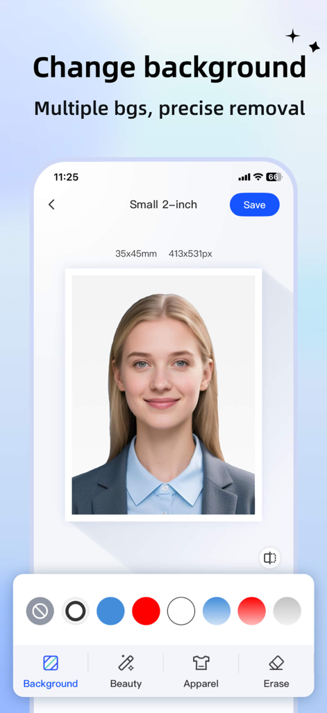 ID photo passport maker：IDCam - IDCam app interface showing background removal and color selection for a professional ID photo.