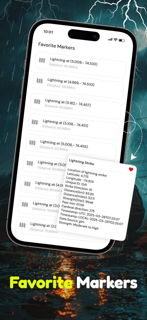 Lightning Tracker with Alerts - お気に入りのマーカーのリストと詳細な雷の落雷データを示す雷追跡アプリのインターフェイス
