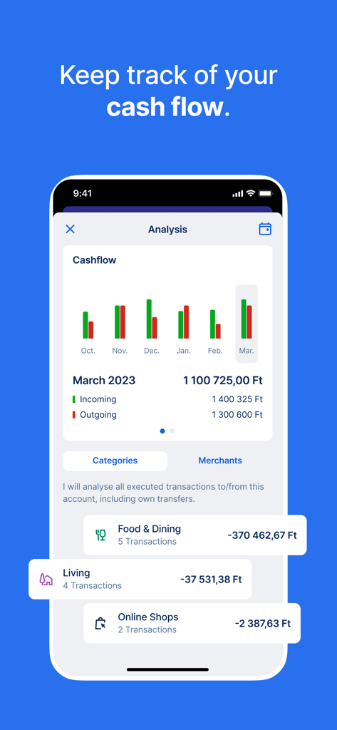 Interface de l'application George Magyarország affichant une analyse mensuelle des flux de trésorerie et les catégories de dépenses.