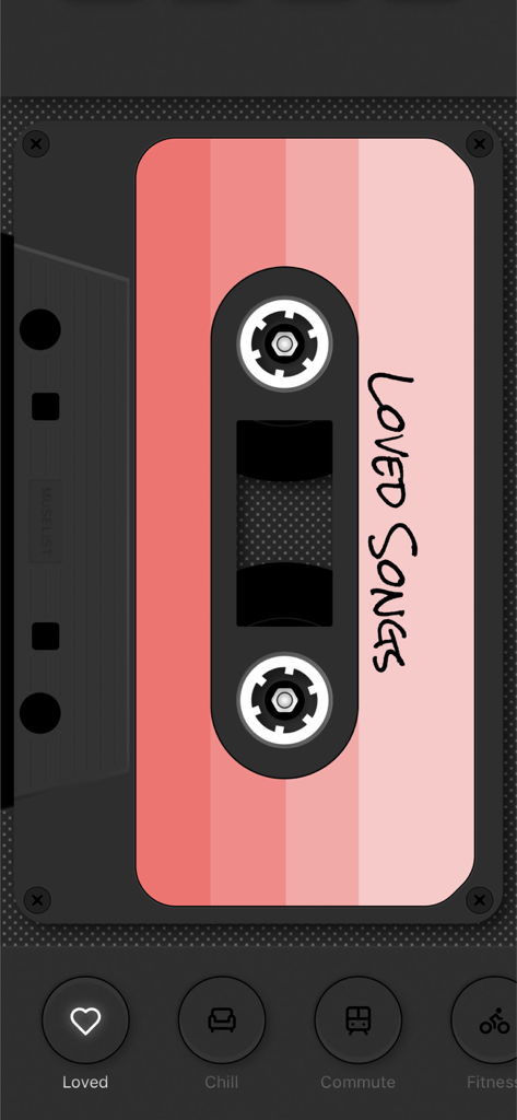 MuseList：Play your loved songs - MuseList app interface showing a pink vintage cassette tape for the Loved Songs playlist