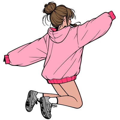 realistic girl jumping with a bun and oversized sweatshirt