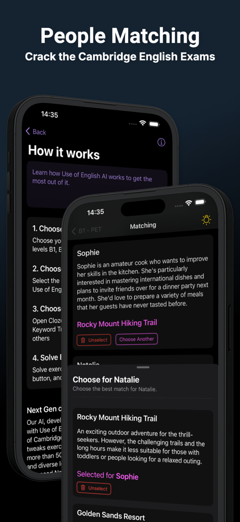 Use of English AI - Interface of the Use of English AI app showing a people matching exercise for Cambridge exam preparation.