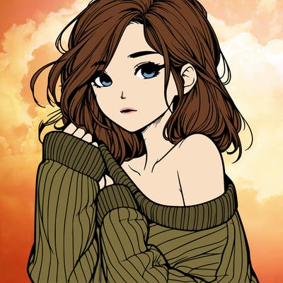 realistic girl with a sweater falling off shoulder