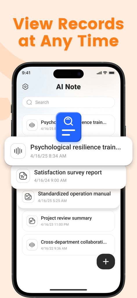 Note AI: Voice AI Transcribe - Pantalla de la aplicación Note AI mostrando una lista de grabaciones de voz transcritas y notas digitales organizadas