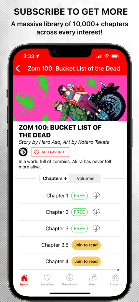 Interface of VIZ Manga app showing chapter selection for Zom 100 with free and subscription options