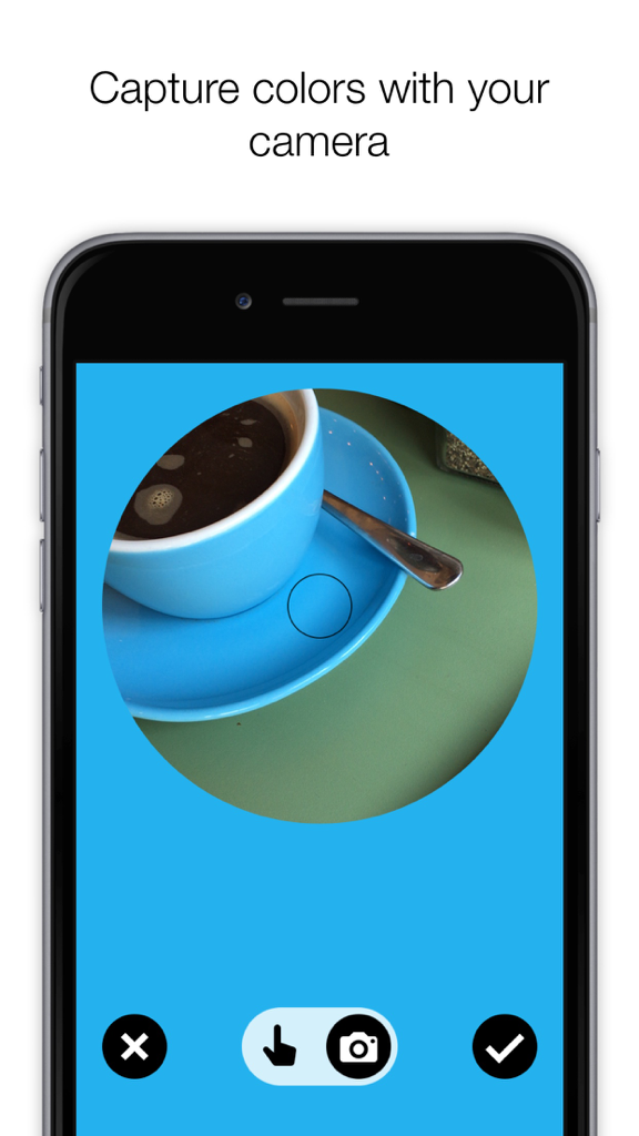 Colordot by Hailpixel - A color picker for humans - Smartphone showing the camera color picker feature capturing a shade of blue from a coffee cup