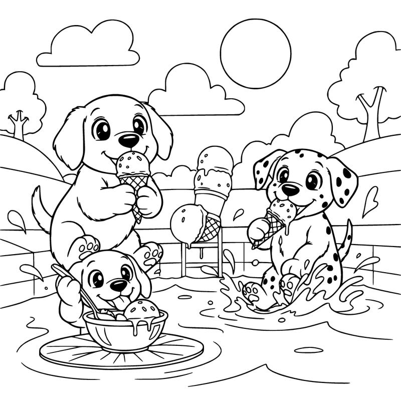 a puppies swimming and eating ice cream at the same time