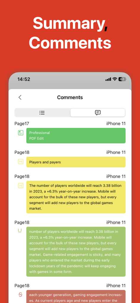 PDF Editor : PDF Reader,Signer - PDFドキュメント内の色分けされたコメントとハイライトの概要を示すモバイル画面。