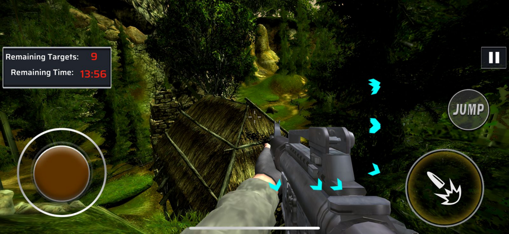 Animal Hunting: Forest Games - Vista en primera persona de un jugador con un rifle en un juego de simulación de caza en el bosque con controles en pantalla