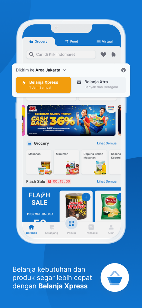 Klik Indomaret - Klik Indomaret mobile app home screen showing grocery categories and express delivery service