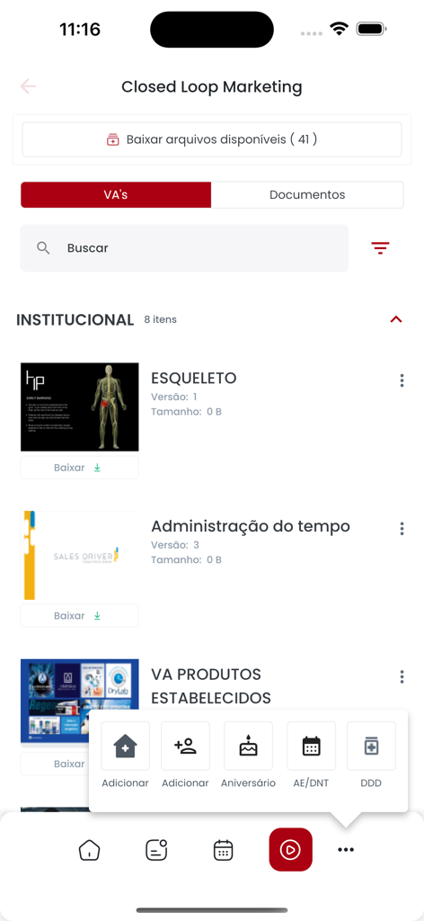 Interfaccia dell'app Sales Farma S3 che mostra la sezione di marketing a ciclo chiuso con documenti istituzionali scaricabili per i rappresentanti di vendita farmaceutica.