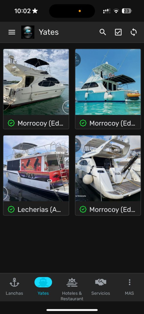 MIlanchaV - MIlanchaV app displaying various yacht rental options with photos and locations