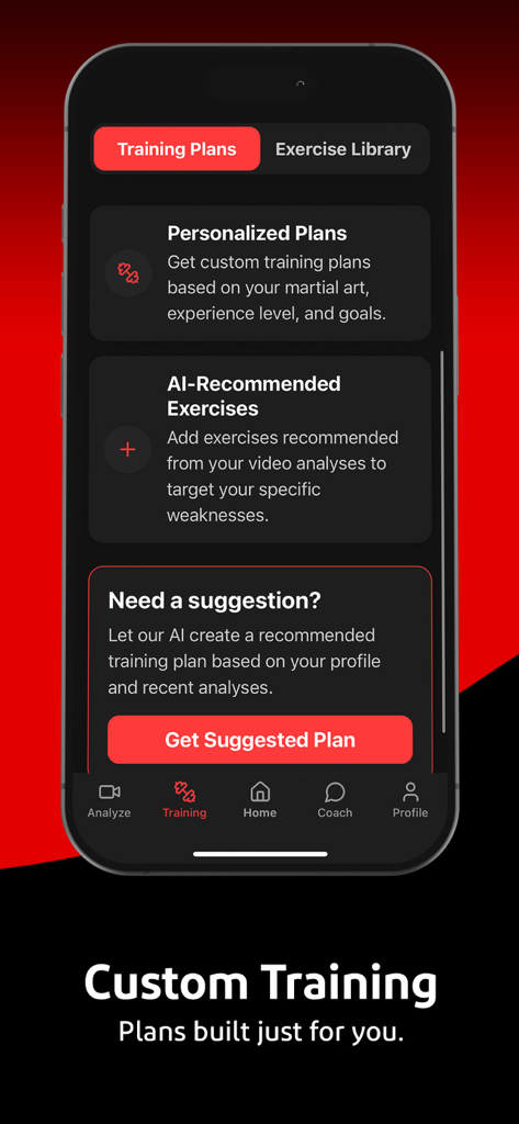 Fight AI: Your AI MMA Coach - Mobile app screen for Fight AI showing custom MMA training plans and AI recommendations.