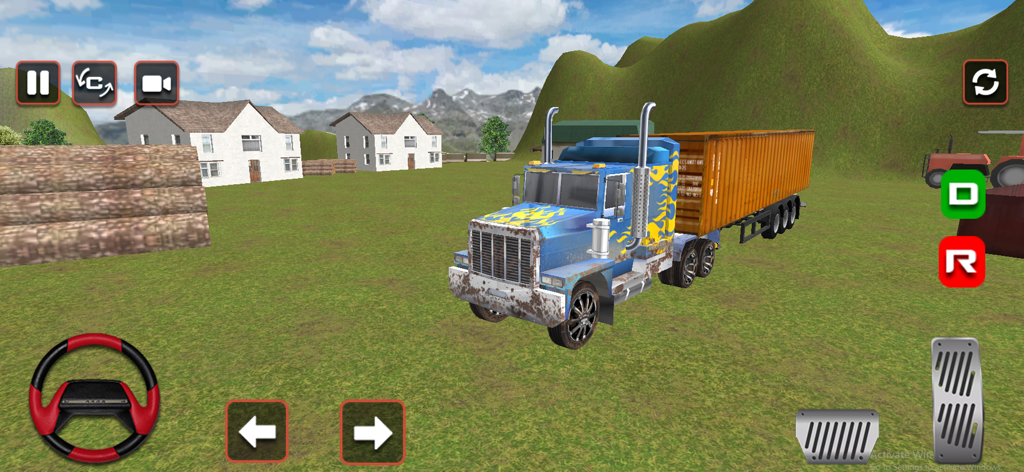 A blue semi-truck with a trailer driving through a grassy field in a 3D simulation game environment