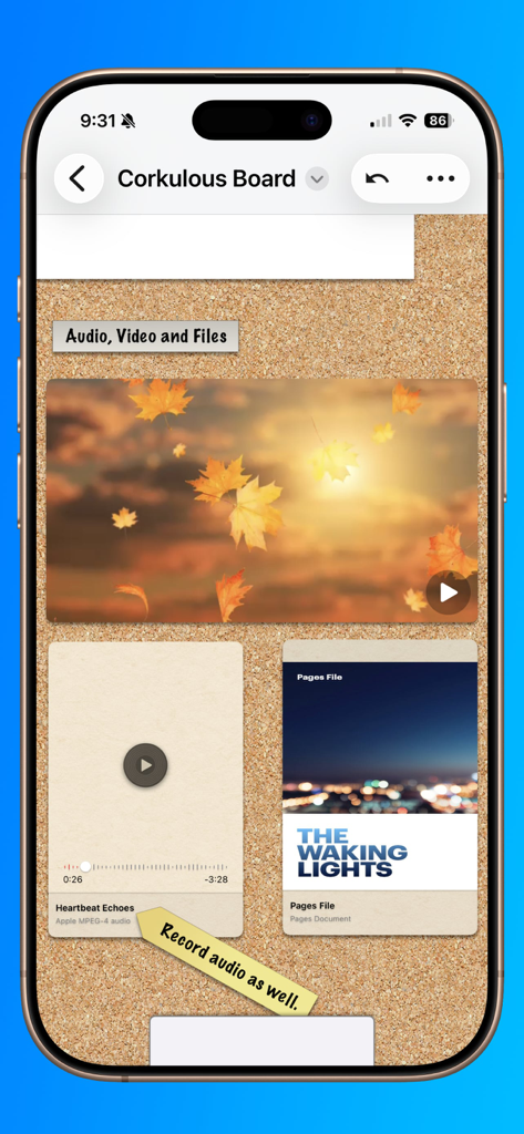Corkulous - Your Ideas - Corkulous app interface displaying pinned video, audio recordings, and documents on a virtual corkboard.