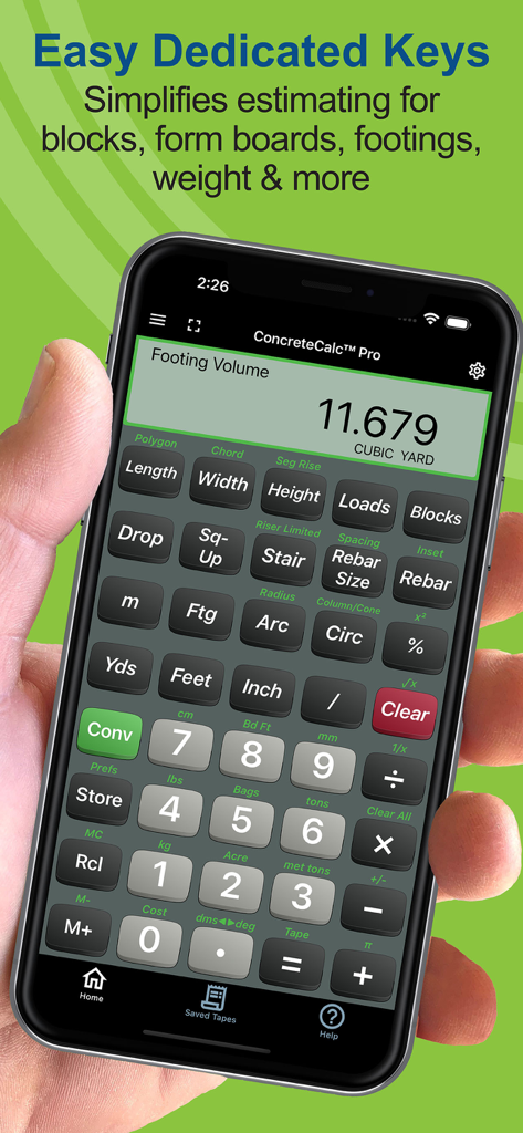Concrete Calc Pro app interface showing dedicated keys for construction calculations