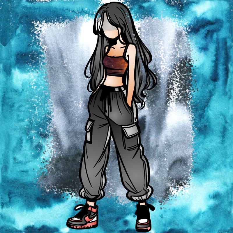 girl in baggy pants crop top and long hair