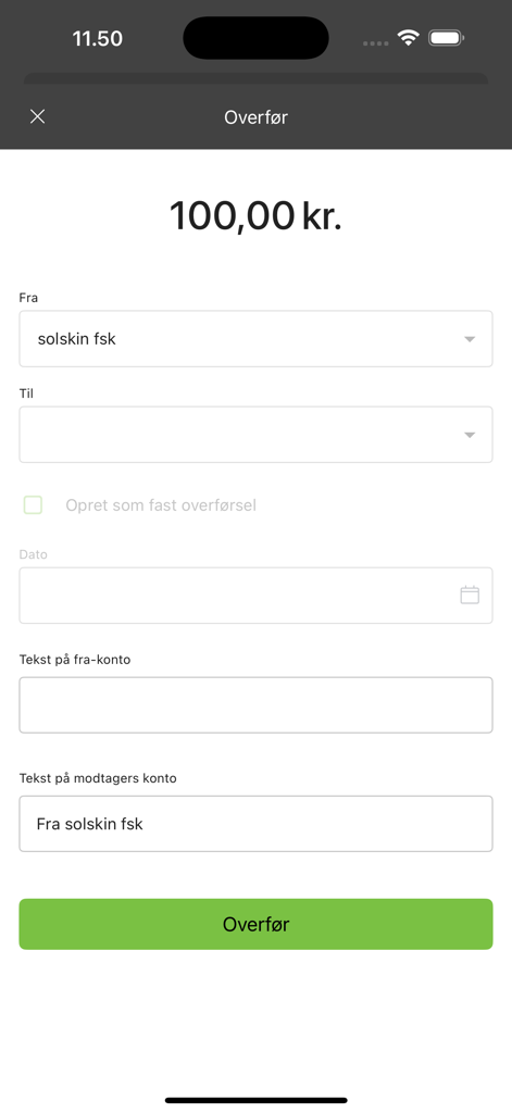 FasterOikos Erhverv - Pantalla de transferencia de dinero de la aplicación de banca empresarial FasterOikos Erhverv.