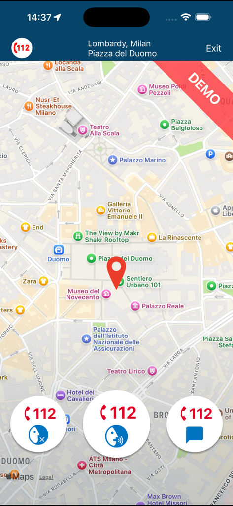 112 Where ARE U - Emergency app interface showing user location on a map of Milan with buttons for silent call voice call and chat options