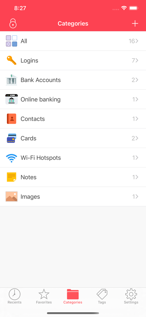 Mobile screen of Password Goo displaying information categories like logins bank accounts and credit cards