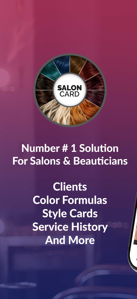 Salon Card For Hair & Beauty - Schermata introduttiva dell'app Salon Card per stilisti e professionisti della bellezza che evidenzia la cronologia dei clienti e le formule di colore.