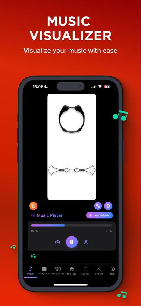 Smartphone-Bildschirm mit der Benutzeroberfläche der Musik-Visualizer-App, einem Wellenformdiagramm und Wiedergabesteuerungen auf rotem Hintergrund