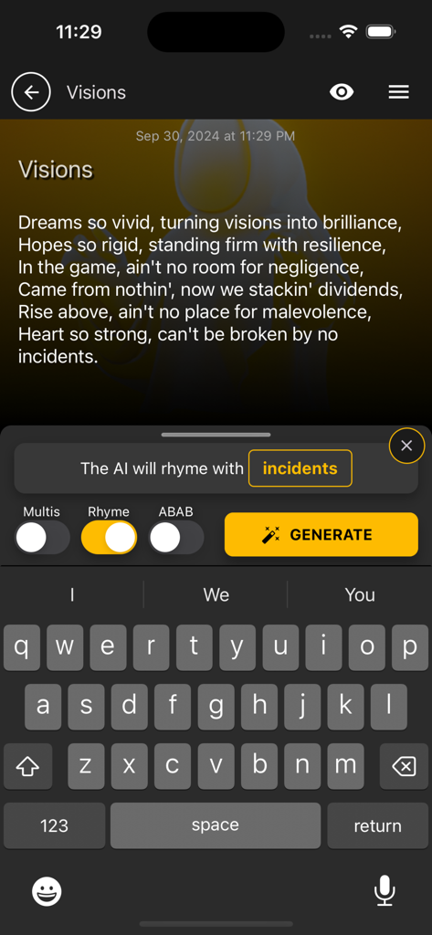 生成された韻とソングライティングコントロールを表示するGhostWriter AI Lyricsアプリのインターフェイス