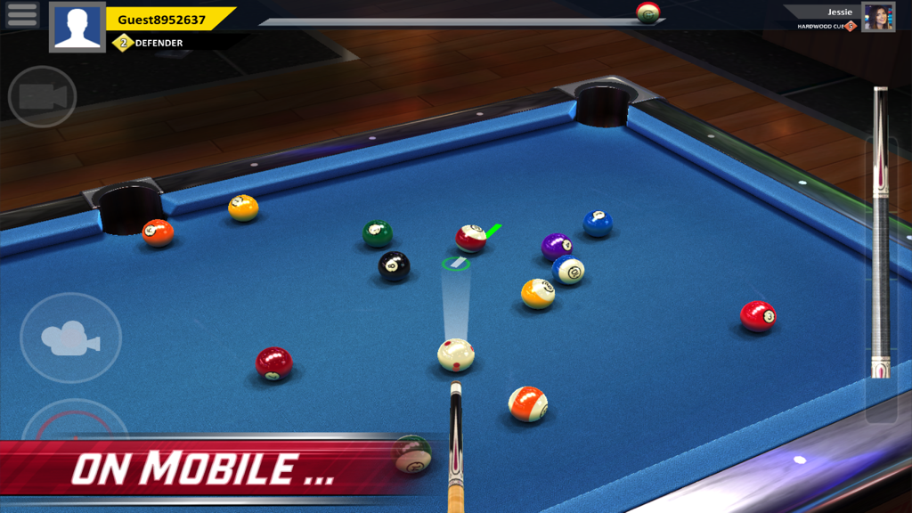 A realistic 3D billiards match in the Pool Stars mobile app showing a blue table with balls and a cue stick aiming a shot.