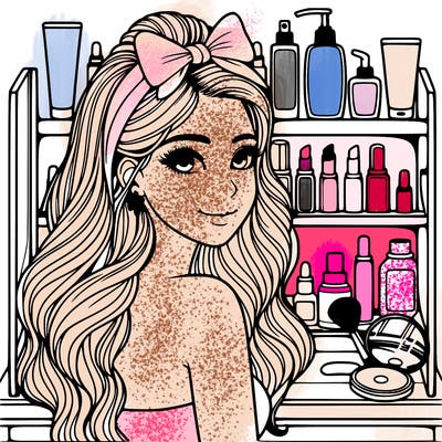 realistic girl with a vanity full of skincare and makeup behind her