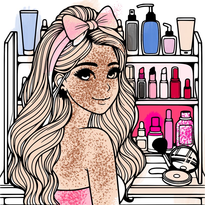 realistic girl with a vanity full of skincare and makeup behind her