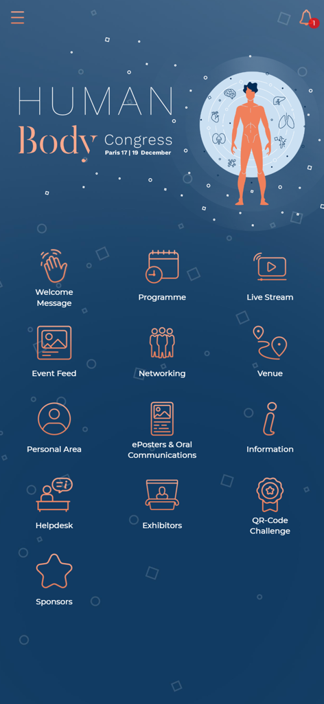 KENES Congresses - Dashboard principale dell'app KENES Congressi per un evento medico che mostra icone per programma, networking e live stream