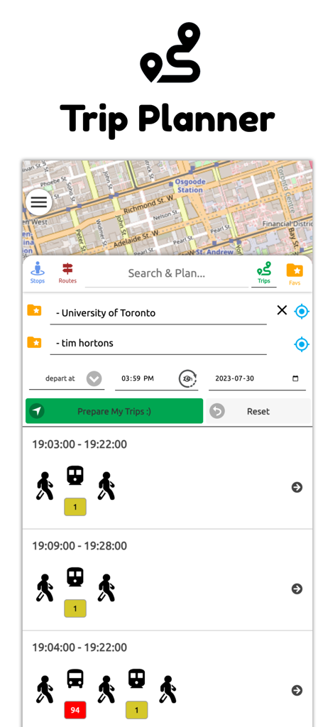 GTA Transit app Trip Planner showing search results for a journey in Toronto