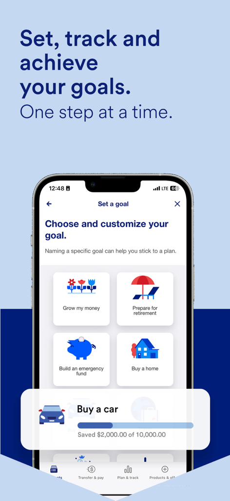 U.S. Bank mobile app interface for setting and tracking personal financial goals like buying a car or home