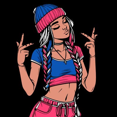 realistic teenage girl with braids and a beanie and crop top doing 🫶🏼