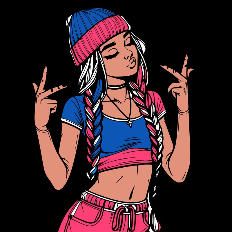 realistic teenage girl with braids and a beanie and crop top doing 🫶🏼