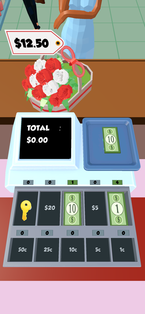 Cashier 3D game interface showing a cash register and counting money for a flower purchase