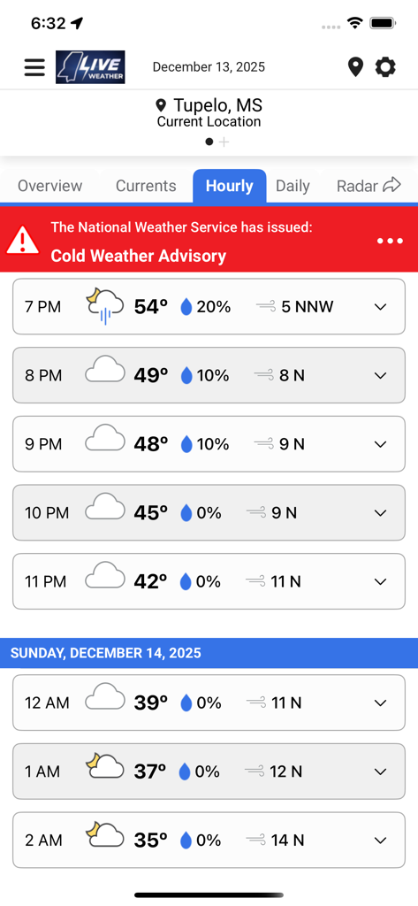 Mississippi LIVE Weather - Interface de l'application Météo LIVE Mississippi montrant des prévisions horaires et une vigilance par temps froid pour Tupelo, MS.