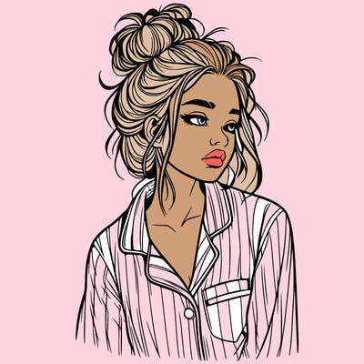 realistic woman with pajamas on and a messy bun