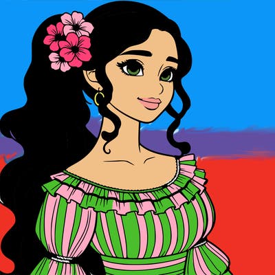 a single latina woman with a side ponytail and a long dress with ruffles. she has a few discreet flowers in her hair. realistic