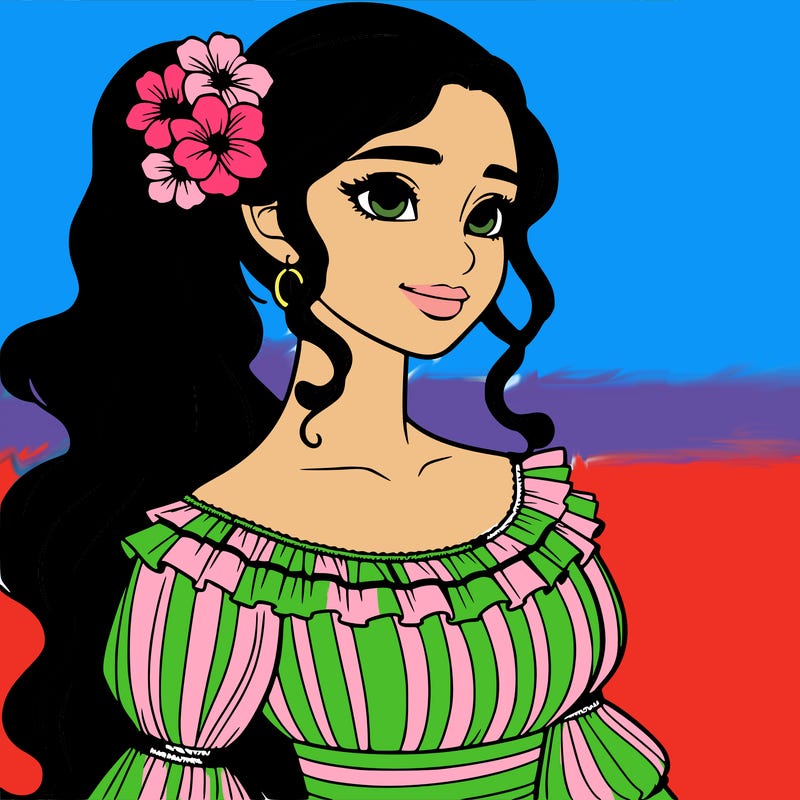 a single latina woman with a side ponytail and a long dress with ruffles. she has a few discreet flowers in her hair. realistic