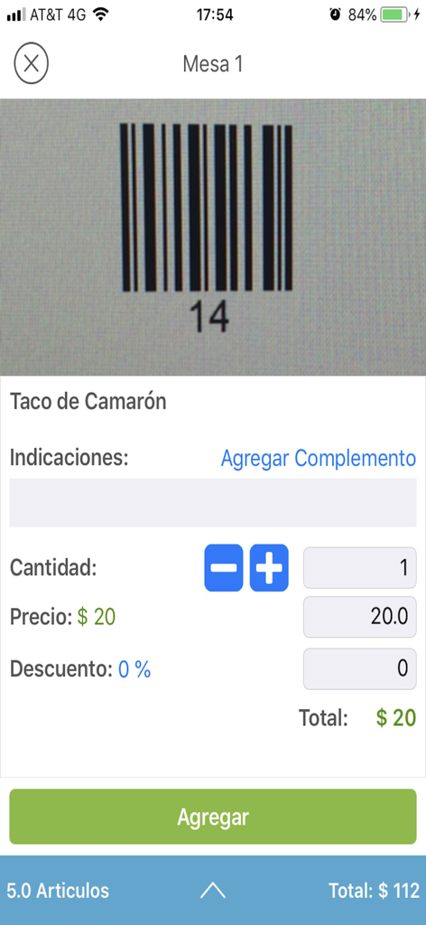 Interface do POS móvel Vende YA! mostrando um pedido de taco de camarão com opções de preço, quantidade e leitura de código de barras.