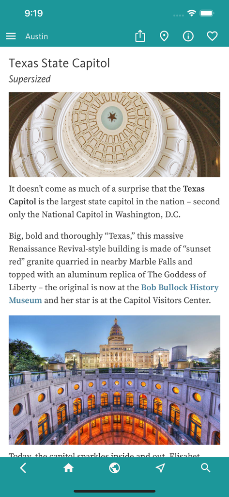 オースティン・ベスト旅行ガイドアプリのテキサス州議会議事堂情報画面。