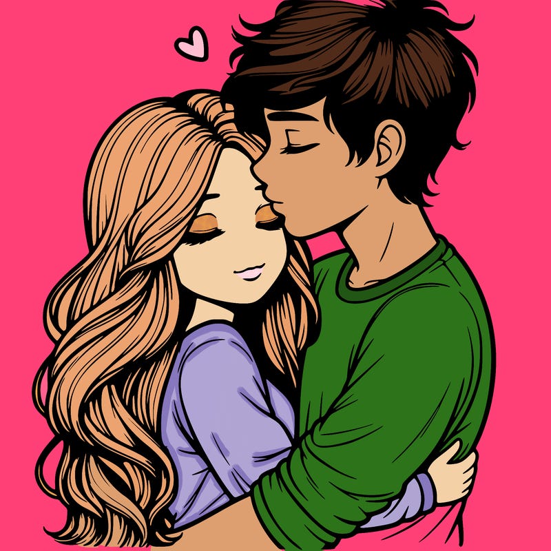 a realistic couple boy and girl hugging and kissing