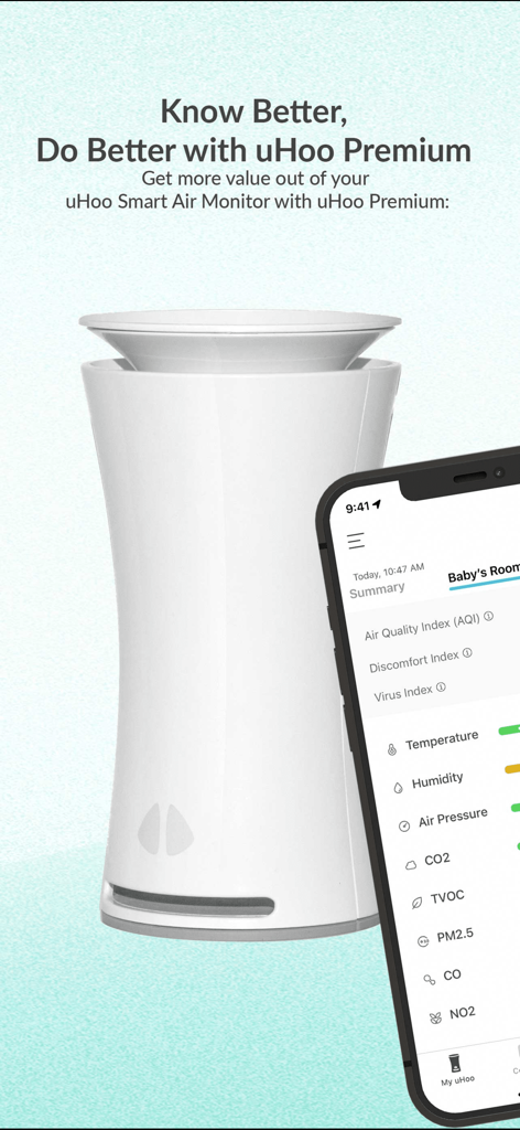 uHoo - uHoo Smart Air Monitor hardware device next to a smartphone showing real-time air quality metrics in the mobile app.