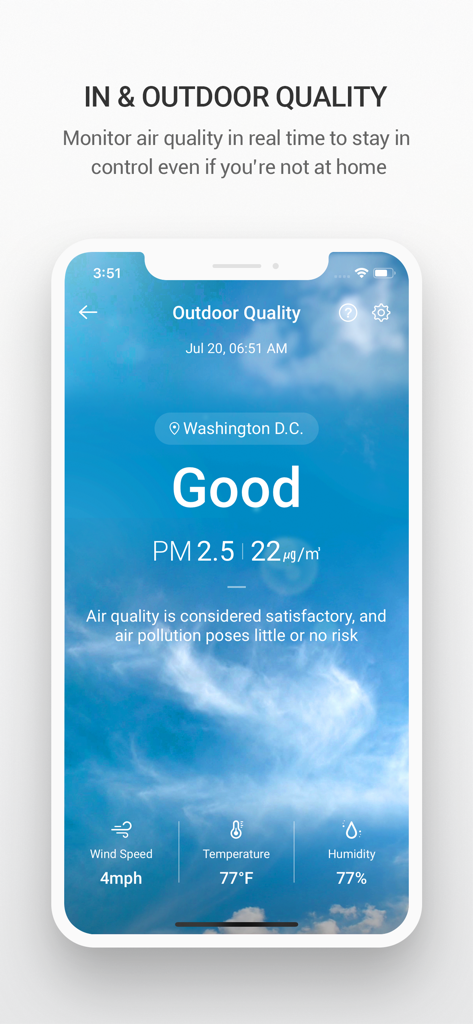 La aplicación Winix Smart muestra datos de calidad del aire exterior en tiempo real, incluyendo niveles de PM 2.5 y condiciones climáticas para Washington D.C.